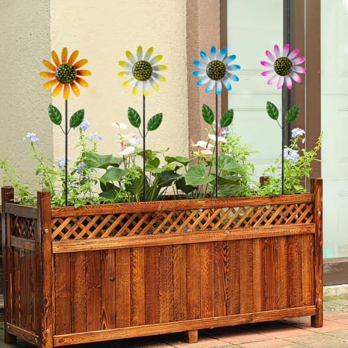 4 Packs Wind Spinner Outdoor, Pinwheels for Yard and Garden, Metal Sunflower Decorative Garden Stakes for Lawn Patio Porch Decor - size: Metal Flowers-4Pack