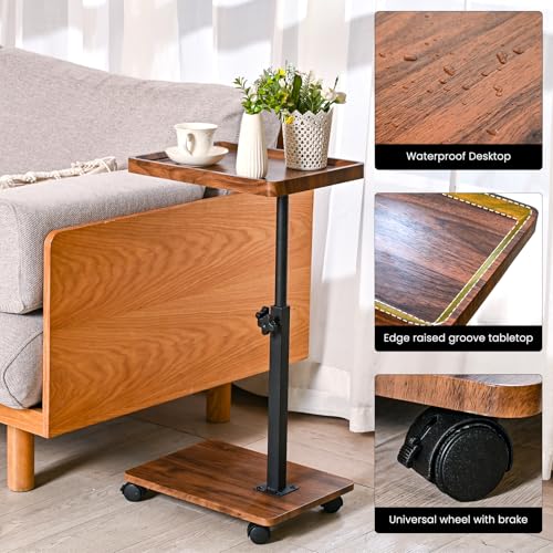 C Table End Table with Adjustable Height, C-Shaped Side Table for Couch & Bed, 360° Swivel TV Tray Table, Slide-Under Sofa Table for Snacks, Laptop & Small Spaces(Solid Wood Color) - color: Solid Wood Color