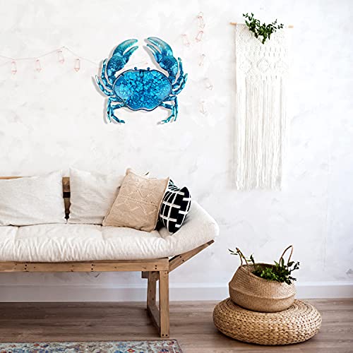 John's Studio Crab Wall Decor Outdoor Metal Bathroom Hanging Art Glass Blue Ocean Theme Decorations for Home, Pool and Patio - color: Crab