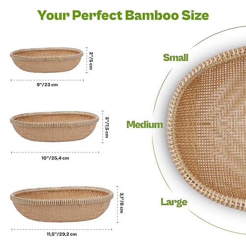 Set of 3 Handwoven Bamboo & Rattan Baskets – Woven Bread Basket & Fruit Bowl for Kitchen Counter, Decorative Wicker Tray for Serving Snacks, Pastries & Table Centerpiece - style: SET3 Handwoven Bamboo Oval Basket