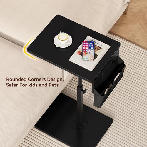 Vagusicc Sofa Armrest Tray Table for Couch - 360° Swivel Height Adjustable Side Table for Small Spaces, Snack Side Table for Bed or Chair, C Shaped End Table Snack Table for Eating Dinner Laptop - color: Black, style: With Plug+Storage Bag