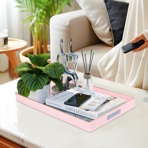 MAONAME Pink Serving Tray with Handles, Modern Decorative Tray for Coffee Table, Plastic Rectangular Trays for Ottoman, Bathroom, Decor, 15.8” x 10.2” x 1.4" - color: Pink, size: 15.8" x 10.2" x 1.4"