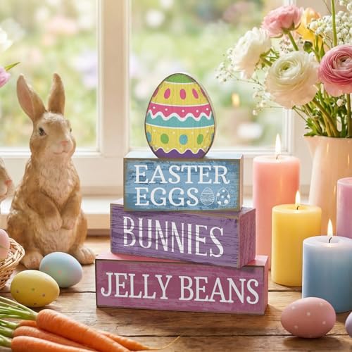Lineshading 4 Pcs Easter Table Decoration Wooden Pastel Egg - No Assembly Required Reusable Happy Easter Tiered Tray Decor, Perfect for Home Kitchen Shelf Party Farmhouse Centerpieces & Holy Week Gift - style: Easter Egg