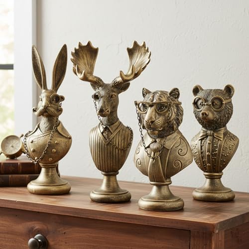 Vintage Animal Statue Sculpture Set,Gold Resin Animals Bust Figurine with Glasses & Suit, Retro Office Desk Decor for Home Living Room, Creative Gift for Animal Lovers - color: Animal Bust Set 4