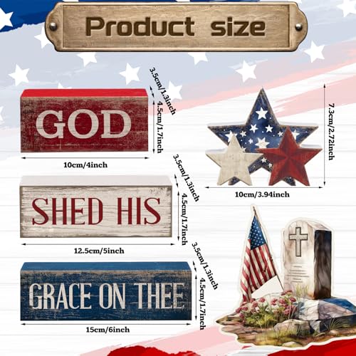 CroBlissful 4 Pcs 4th of July Decorations Patriotic Memorial Day Tabletop Decorations Red White Blue Table Centerpieces Sign for Office Tiered Tray Home Shelf 250th Anniversary(God) - style: God