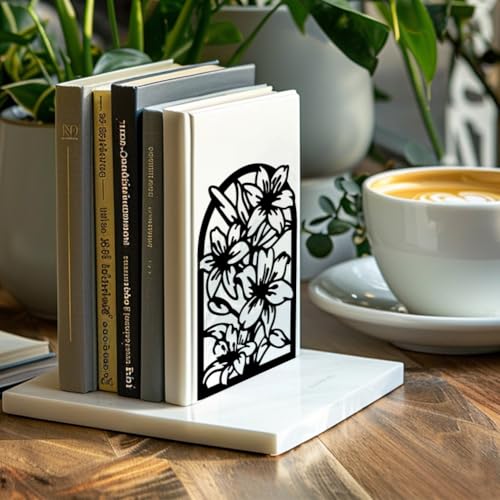 Peacoblue Metal Bookends for Shelves, Modern Decorative Heavy Duty Study Book Support Stoppers for Office, Desk, Shelf, Room 5.3"x4.3"x7.9" Cast Iron Simple Tall Bookends, 1 Pair (Lily Flower) - style: Lily Flower
