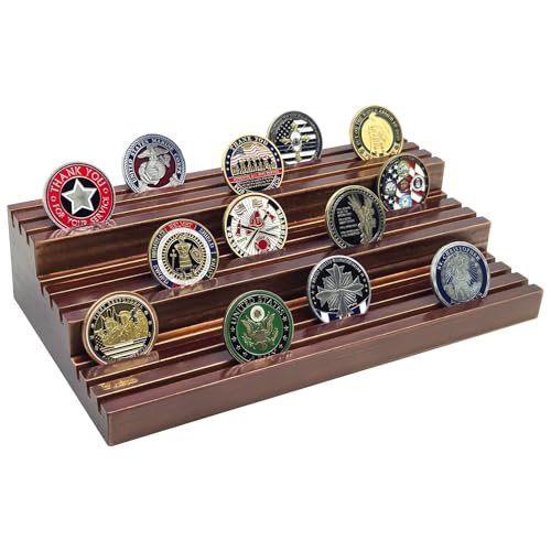 Challenge Coin Display Stand, Solid Wood Military Coin Holder Display, 9 Rows of Challenge Coin Holders, Holds 45-60 Coins