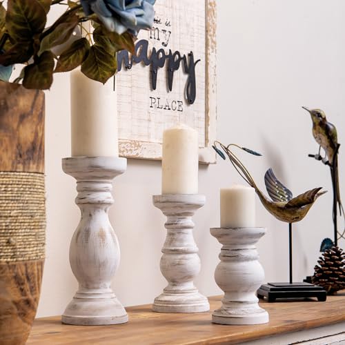 NIKKY HOME Rustic Pillar Candle Holder Set of 3 - Farmhouse Wood Candlestick Stand for Mantle, Fireplace, Dining Table Centerpieces, Distressed White - color: Distressed White
