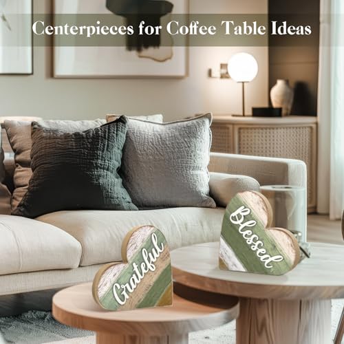 Jetec 2 Pcs Rustic Wooden Heart Table Decor, Daisy Farmhouse Home Decor, Bless This Home & Be Kind Sign for Living Room, Dining Room, Shelf & Mantel, Ideal Housewarming & Birthday Gift(Blessed Style) - style: Blessed Style