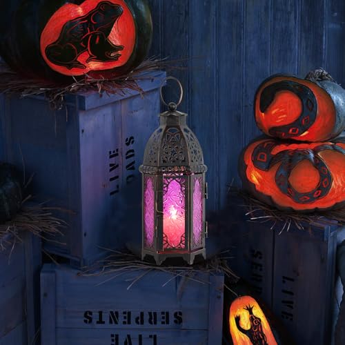 NEEDOMO Halloween Decorations,11'' Moroccan Lanterns Decorative Indoor & Outdoor, Vintage Christmas Candle Holder, Metal Lanterns Decorative, Table, Patio, Porch, Shelf, Christmas Spring Home Decor - color: Purple, size: Medium