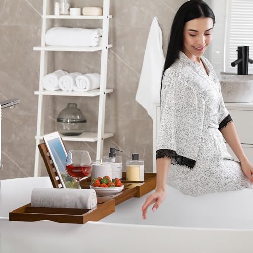 Kiasthome Teak Bathtub Caddy, Expandable Bath Tray, Non‑Slip Luxury Tub Caddy with Wine Phone Tablet Holder, Wooden Bath Accessory for Home Spa and Gift