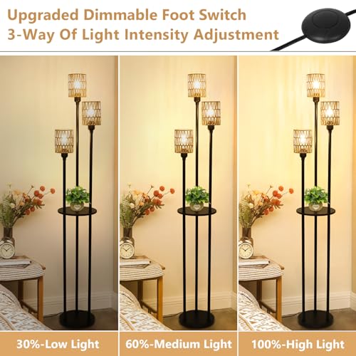 Dimmable Boho Floor Lamps for Living Room, 3-Lights Farmhouse Floor Lamp with 3-Way Foot Switch, Rattan Floor Lamp with Shelves, Rustic Standing Lamp with Rattan Shades, Tall Lamps for Bedroom - style: Dimmable Black-Rattan Shade