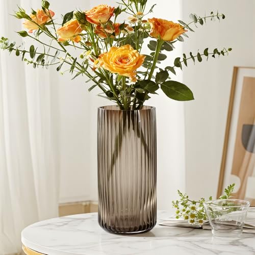 8 Inch Tall Ribbed Glass Vases for Flowers-Thick Amber Glass Flower Vase for Centerpieces Table, Shelves, Decorative Cylinder Vase for Home Decor, Living Room, Dining Room, Bathroom Vanity - color: Amber, size: Small - 8''H