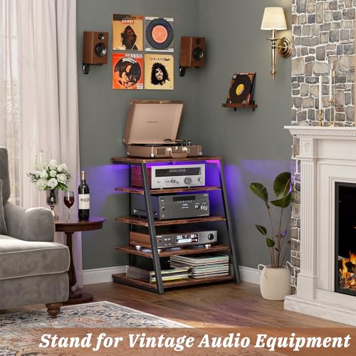 Armocity 5-Tier AV Media Stand with Power Strips, Media Console with LED Lights, Audio Tower Rack with Adjustable Shelves, Stereo Stands and Racks, 40.8'', Rustic Brown - color: Rustic Brown, size: 40" (H)