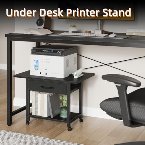 YAOHUOO 22"x15" Large Printer Stand with Storage Drawer, 2-Tier Under Desk Printer Table for Home Office, Printer Cart fit Fax Machine/3D Printer/Scanner(Black) - color: Black, size: 2-Tier