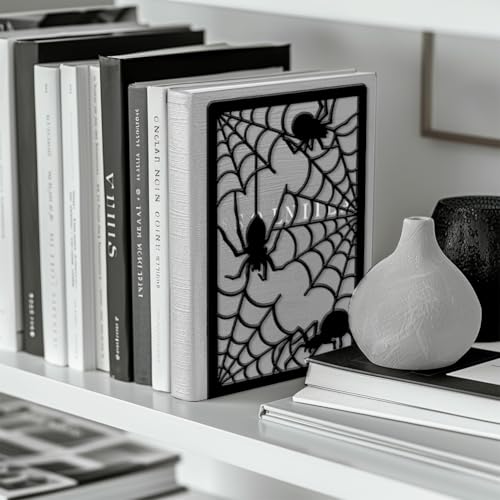 Peacoblue Metal Bookends for Shelves, Modern Decorative Heavy Duty Study Book Ends Stoppers for Office, Desk, Shelf, Room 5.3"x4.3"x7.9" Cast Iron Simple Tall Bookends 1 Pair (Spider and Spider Web) - style: Spider and Spider Web