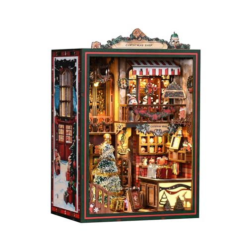 DIY Christmas Store Book Nook Kit, Miniature House with LED Light, 264pcs Wooden 3D Puzzles for Adults Teens, Bookshelf Decor Scale Model, Cultural Handmade Gift for Christmas & Book Lovers - style: Christmas Store