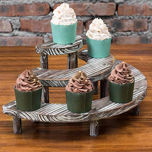 MyGift 3 Tier Rustic Dessert Stand, Torched Wood Semicircle Cupcake Display Risers - color: Torched Brown
