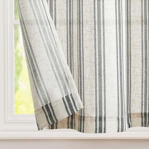 jinchan Striped Linen Kitchen Curtains 24 Inch Tiers Cafe Curtains Farmhouse Small Drapes for Windows Short Balanced Stripe Half Window Light Filtering for Bathroom Laundry 2 Panels Black on Linen - color: Striped Black on Linen, size: 26"W x 24"L (Pack o