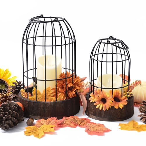 Perfnique Decorative Candle Lantern, Set of 2 Farmhouse Table Lanterns for Home Decor, Rustic Table Centerpieces for Dining Room, Fireplace Mantle Kitchen Decoration (Walnut)