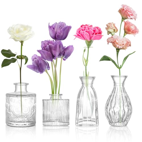 Glass Bud Vase Clear Bud Vases Set of 4 for Centerpieces, Vintage Glass Flower Vases in Bulk Suitable for Weddings, Parties or Home Decoration