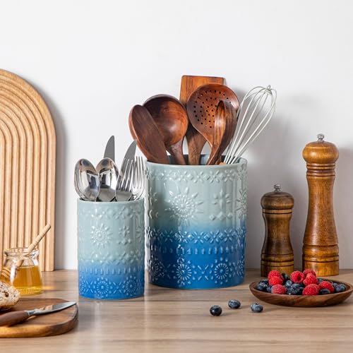 LOVECASA Utensil Holder, 7.2"+5.4" Ceramic Utensil Holder for Countertop, Large Cooking Utensil Crocks for Kitchen Counter, Farmhouse Utensil Vase for Housewarming, Kitchen Decor, Set of 2, Oceans - color: Oceans, size: 7.2"+5.4" (Set of 2)