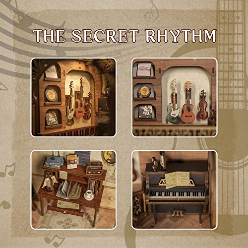 Cutefun Book Nook Kit,3D Wooden Puzzle Bookends,Miniature house kit with dust cover,Bookends Kit with LED Lights,DIY Dollhouse Bookend Tiny House for Adults,Birthday Easter Home Decor for Teens Adults - style: The Secret Rhythm