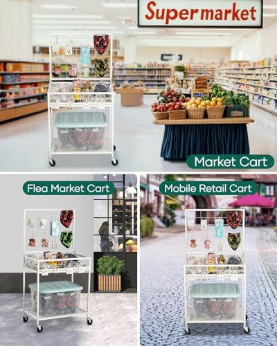 AHOWPD Grid Wall Panels Display Cart - Rolling Heavy Duty Metal Wire Grid Wall Display Stand Rack with 10 Hooks & 10 S Hooks for Craft Shows, Retail Art Fair and Flea Market (White Cart, 1 pc) - color: White Cart