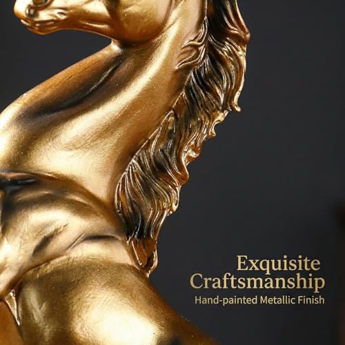 Golden Rearing Horse Statue for Home Decor - 12.2" Antique Gold Resin Stallion Sculpture - Lucky Feng Shui Figurine for Office Desk, Bookshelf & Business Gifts (Symbol of Success) - color: Golden
