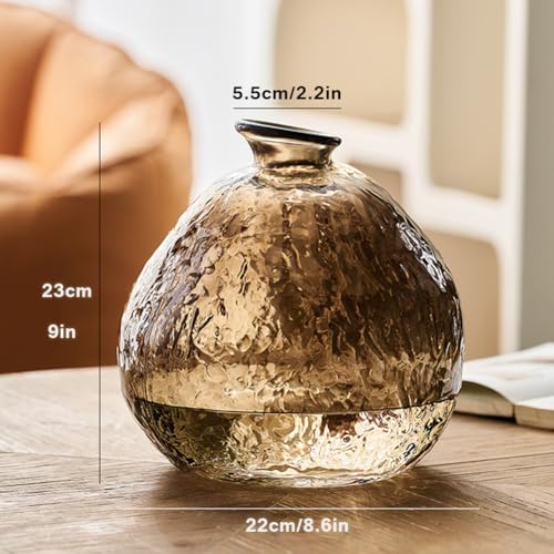 Unique Hammered Brown Glass Vase for Plants Decor Ribbed Embossed Flower Vases for Centerpieces Living Room Entrance Table Decoration,Brown - color: Brown
