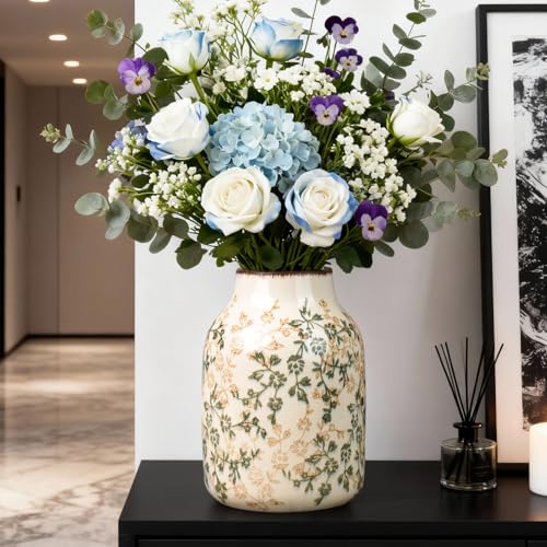 Green Vinatge Vase, Farmhouse Rustic Ceramic Flower Vase, Antique Chinoiserie Vases, Decorative Ice Cracked Large Vases for Home Decors, Living Dining Room Table, Shelf Decor, Office, 7.8 Inch - color: Green and Beige01