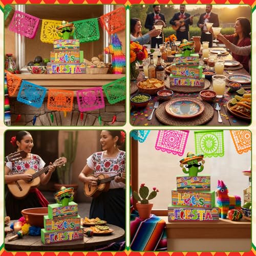 Yuntau 4 Pcs Mexican Fiesta Party Decorations Wooden Cinco De Mayo Tabletop Decor Lets Fiesta Tiered Tray Decor Rustic Wood Block Sign Gift Farmhouse Mexican Centerpieces Portable Shelf Home Office - style: Cactus