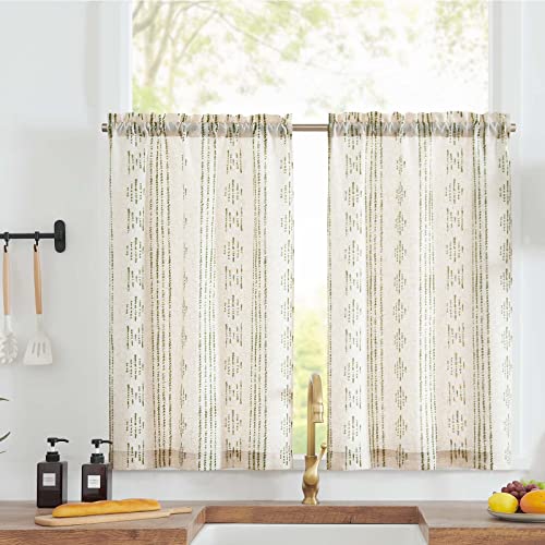 jinchan Boho Kitchen Curtains Linen Tier Curtains 24 Inches Bohemian Cafe Small Drapes Striped Mudcloth Farmhouse for Bathroom RV Camper Light Filtering Rod Pocket 2 Panels Green on Beige - color: Boho Green on Beige, size: 26"W x 24"L (Pack of 2)