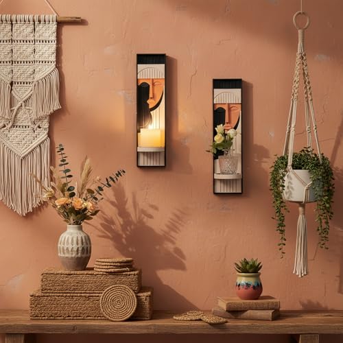 Modern Art Wall Candle Holder, Abstract Face Candle Sconce Set of 2, Wall Decor, 16.5 x 4.33 Inch (Boho) - color: Black,pink