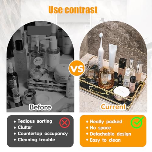 Vanity Tray Luxury Bathroom Counter Tray Glass Perfume Organizer Holder Cosmetics Makeup Skincare Display Decorative Vanity Trays for Bathroom Dresser Bedroom (Black Gold, L) - color: Black Gold-large