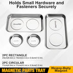GRENPRO 4-Piece Magnetic Tray Set, 2 Large Square & 2 Round Stainless Steel Trays with Strong Magnet for Tool Organization, DIY Stickers Included - style: Square & Round (Stickers Included)