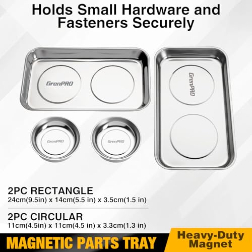 GRENPRO 4-Piece Magnetic Tray Set, 2 Large Square & 2 Round Stainless Steel Trays with Strong Magnet for Tool Organization, DIY Stickers Included - style: Square & Round (Stickers Included)