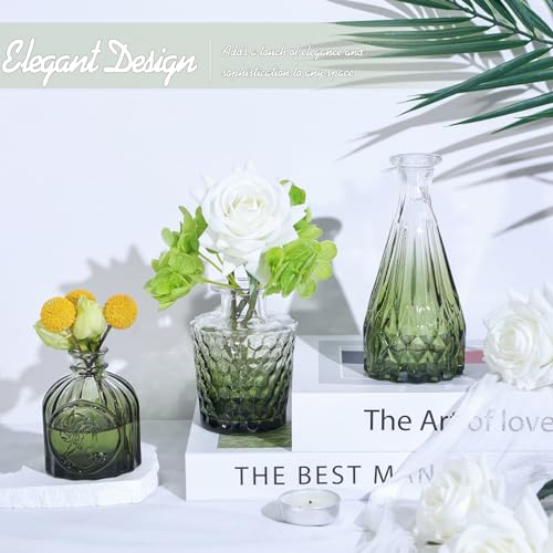 TBWIND Glass Bud Vase Set of 5, Small Green Flower Vases for Centerpieces in Bulk, Mini Vintage Vase for Wedding Decor, Single Flowers, and Home Table Décor - color: 5pcs-green