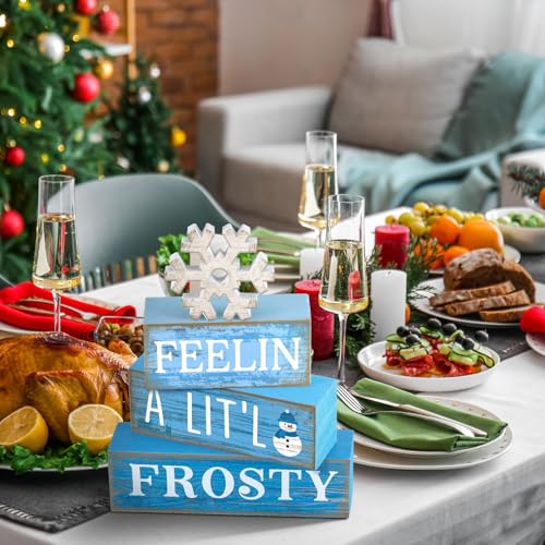Yuntau 4 Pcs Winter Wooden Tabletop Decor Christmas Snowflake Tiered Tray Decor Rustic Wood Block Sign Gift Winter Centerpiece for Shelf Office Farmhouse Table Frozen Birthday Party Decoration - style: Snowflake