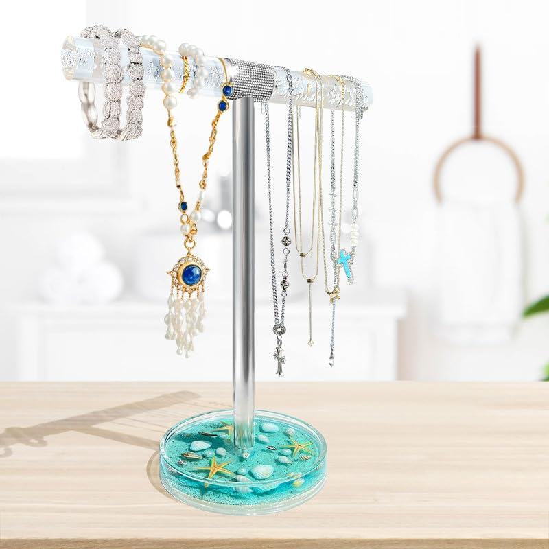 FONMY Jewelry Stand Holder Organizer Acrylic w/Nature Seashell Handmade,Seascape Countertop Jewelry Holder,Gift for Women,Jewlery Tower for Necklace, Earring, Bracelet (Blue)