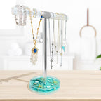 FONMY Jewelry Stand Holder Organizer Acrylic w/Nature Seashell Handmade,Seascape Countertop Jewelry Holder,Gift for Women,Jewlery Tower for Necklace, Earring, Bracelet (Blue)
