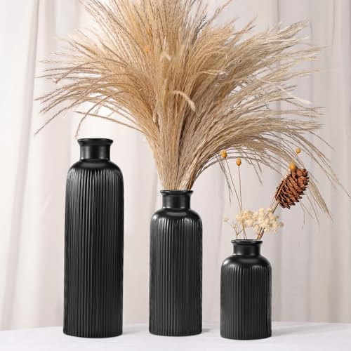 Small Black Ceramic Vase Set of 3, Boho Modern Black Flower Vase Room Decor, Farmhouse Decor, Vases for Your Kitchen, Bathroom, Bedroom, Living Room, Office&Shelf Centerpiece Table Decorations - color: Black