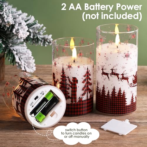 Eywamage Christmas Flameless Pillar Candles with Remote, Red Buffalo Plaid Table Decor, Flickering LED Pillar Candles Set of 3 - color: Red Buffalo Plaid