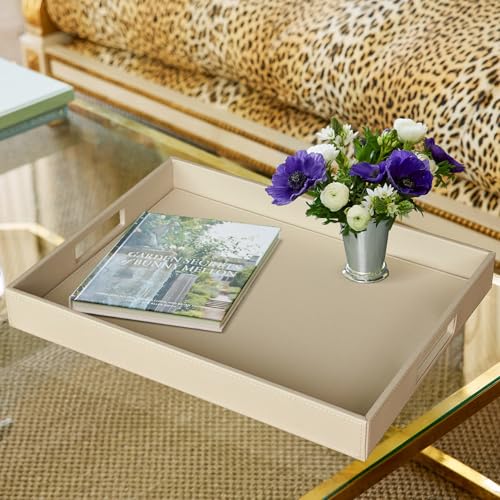 HofferRuffer Rectangle Serving Tray with Hole Handles for Coffee Table, Breakfast, Tea, Food, Butler - Countertop, Kitchen, Vanity Serve Tray, 16.2 x 12.2 x 2 inches, Faux Leather (Dark CreamWhite) - color: Dark Creamwhite, size: 16.2" x 12.2" x 2"
