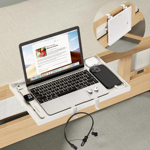 Magheo Foldable Bedside Shelf, Metal Clip-On Bunk Bed Table Shelf for Top Bunk Heavy Duty Bed Side Table Tray for College Dorm Room Essentials, Loft Nightstand Organizer Tray with 3 Cord Hole(White) - color: White, size: 14.76" x 9.68" x 0.79"