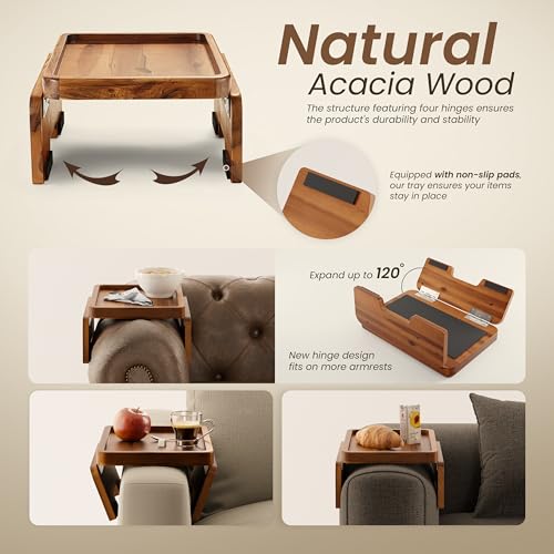 HOLANA Acacia Wood Sofa Armrest Tray - 13.75 x 9.5in Double Hinge Sofa Arm Tray Table Clip - Couch Arm Table - Wooden Side Tables for Eating and Drink (Acacia, 13.75" D x 9.5" W x 2" H) - color: Acacia, size: 13.8" x 9.5" x 2"