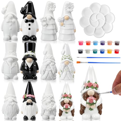Arrowbash 6 Pcs Wedding Ceramics to Draw Ready to Paint Your Own Gnome Statues 5.12 Mr and Mrs Paintable Figurines DIY White Ceramics Plaster Crafts Kit with Brush Palette - style: Wedding