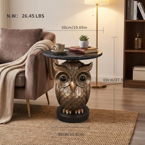 Luxurious Owl Side Table - 20" Premium Faux Marble Top Accent Table with Hand-Detailed Resin Owl Statue Base - High-End Round End Table for Study, Library, Nightstand - Tool-Free - color: Iron Owl