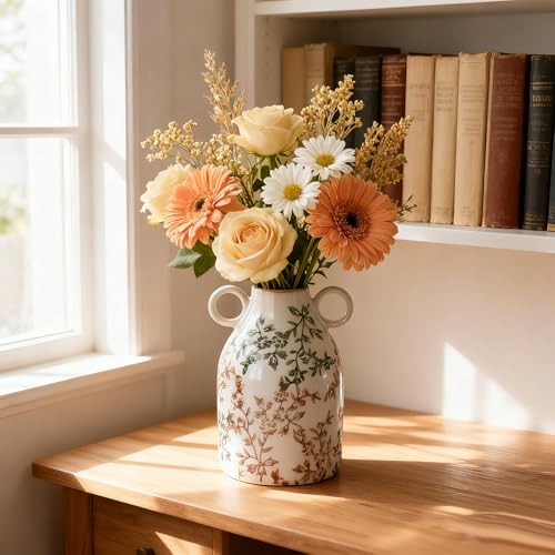 Green Floral Ceramic Vase with Handle, Nordic Boho Small Vases Side Table Flower Centerpiece, Wide Mouth Single Flower Vase Pampas Grass Decorative - for Home Window Sill Living Dining Room Kitchen - color: Green Floral
