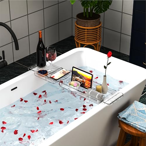 Yieach Luxury Tub Tray for Bathtub Expandable,Clear Bath Shelf Over Tub and Acrylic Bathtub Tray,Plastic Bath Board & Table,Bath Caddy Tray & Accessories for Mothers,Mom and Women Relaxing Spa Gifts - size: M - (22.3 to 31.8 in）